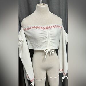 Herencia Collection White Crop Top with Pink Embroidery size 2XL
